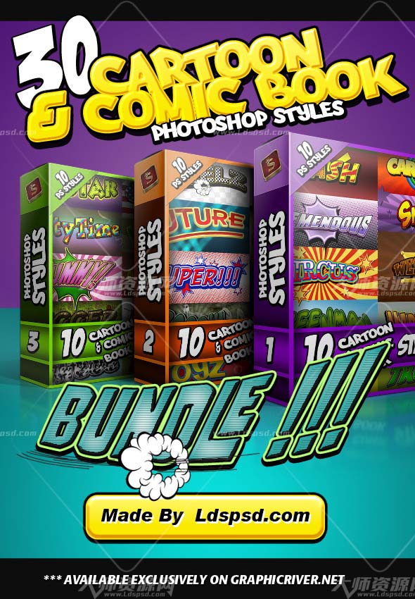 Cartoon and Comic Book Styles Bundle,PS图层样式－30个卡通漫画类文本效果